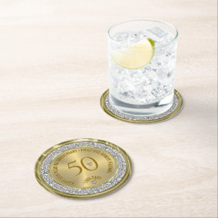 Happy 50th wedding anniversary diamonds and gold round paper coaster