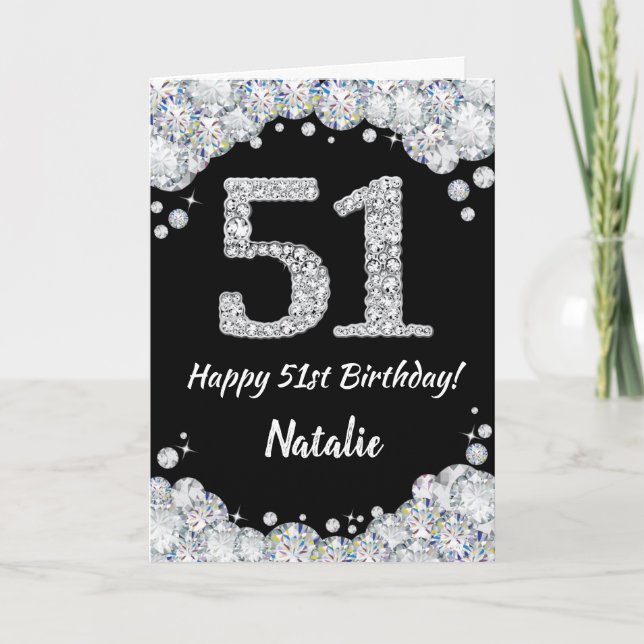 Happy 51st Birthday Black and Silver Glitter Card (Front)