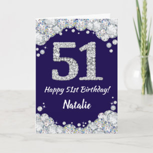 Happy 51st Birthday Navy Blue and Silver Glitter Card