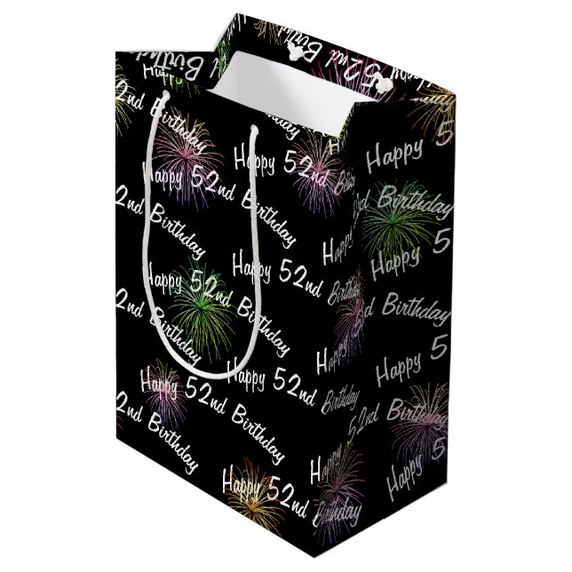Happy 52nd Birthday fireworks on black Medium Gift Bag (Back Angled)
