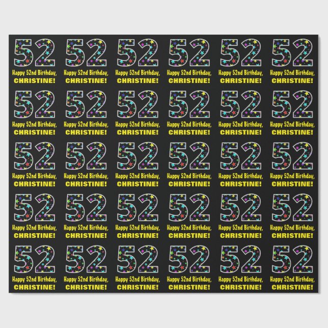 Happy 52nd Birthday, Fun Colourful Stars Pattern 5 Wrapping Paper (Flat)