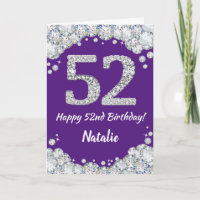 Happy 52nd Birthday Purple and Silver Glitter Card