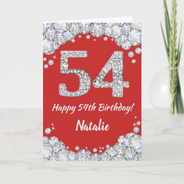 Happy 54th Birthday Red and Silver Glitter Card (Front)