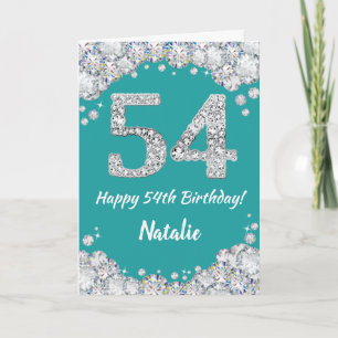 Happy 54th Birthday Teal and Silver Glitter Card