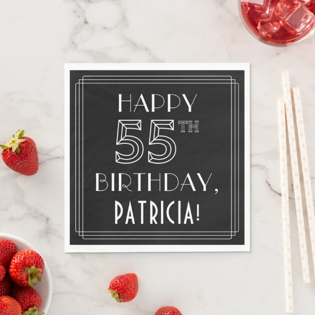 HAPPY 55TH BIRTHDAY; Art Deco Style; Custom Name Napkin (Insitu)