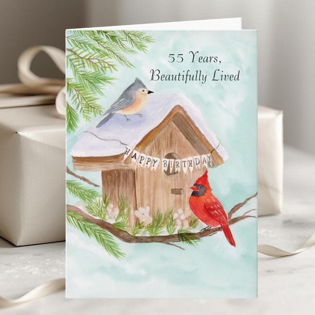  Happy 55th Birthday Birds at Birdhouse Card (Creator Uploaded)