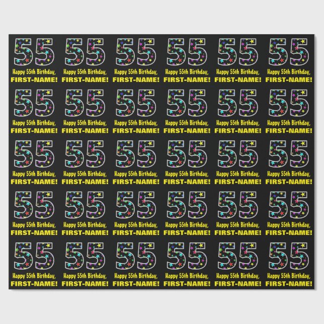 Happy 55th Birthday, Fun Colourful Stars Pattern 5 Wrapping Paper (Flat)