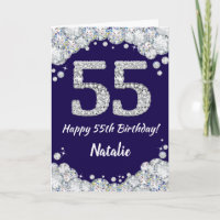 Happy 55th Birthday Navy Blue and Silver Glitter
