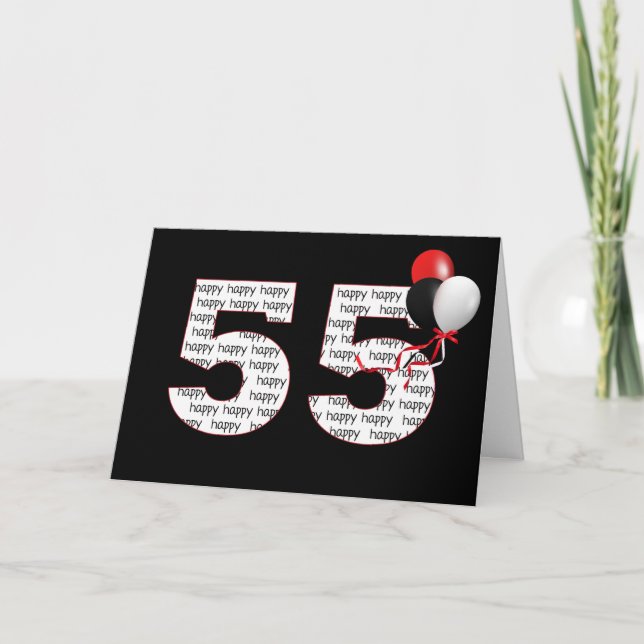 Happy 55th Birthday On Black With Balloons Card (Front)