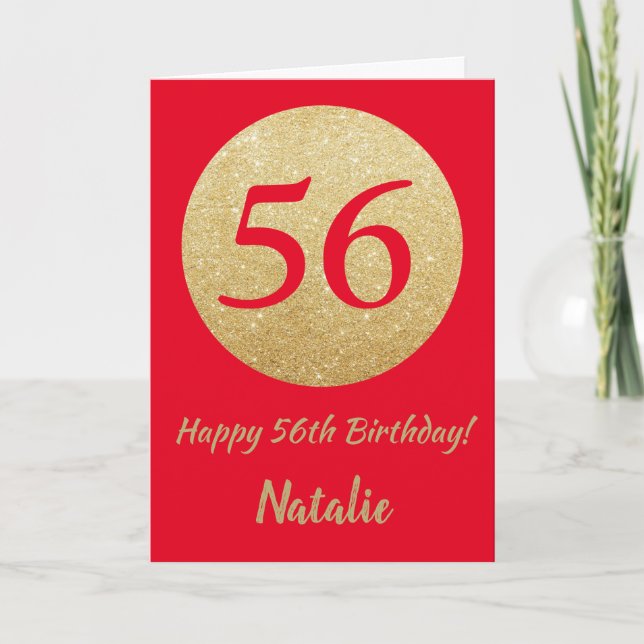Happy 56th Birthday Red and Gold Glitter Card (Front)
