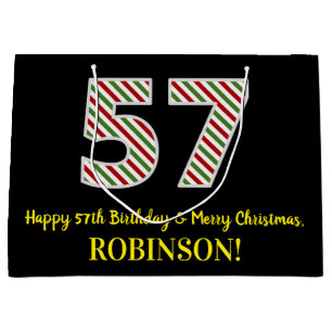 Happy 57th Birthday & Merry Christmas, Custom Name Large Gift Bag