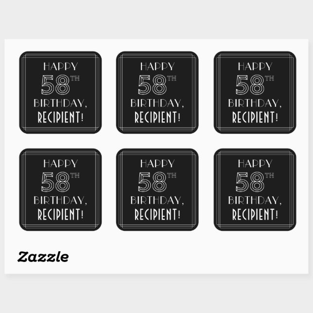 HAPPY 58TH BIRTHDAY; Art Deco Style; Custom Name Square Sticker (Sheet)