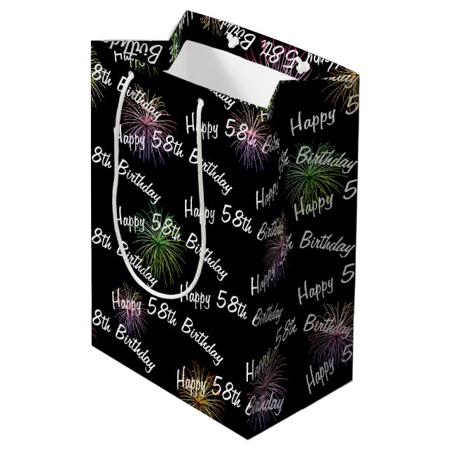 Happy 58th Birthday fireworks on black Medium Gift Bag (Back Angled)