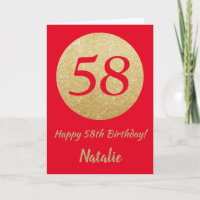 Happy 58th Birthday Red and Gold Glitter Card