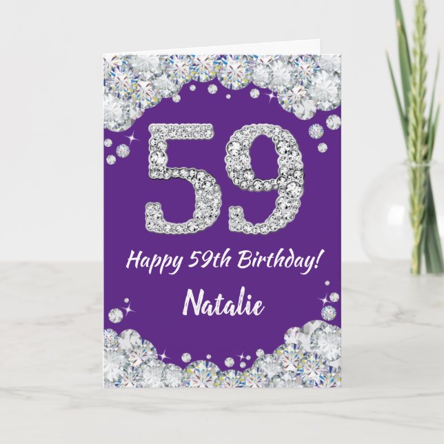Happy 59th Birthday Purple and Silver Glitter Card (Front)