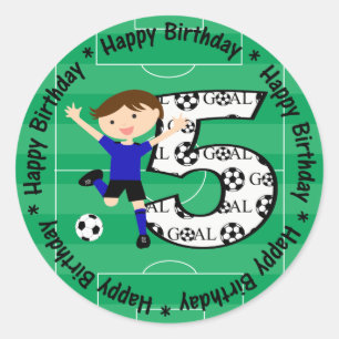 Happy 5th Birthday Blue and Black Soccer Goal Classic Round Sticker