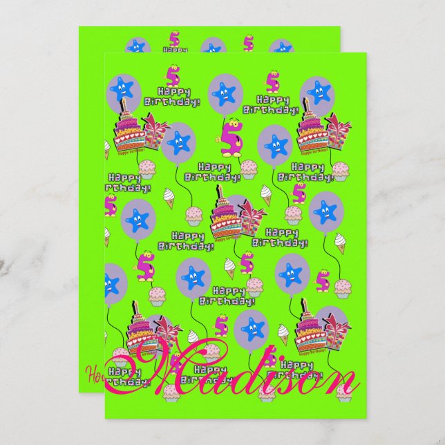 Happy 5th Birthday Invitation Birthday #5 Green (Front/Back)