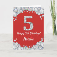 Happy 5th Birthday Red and Silver Glitter Card