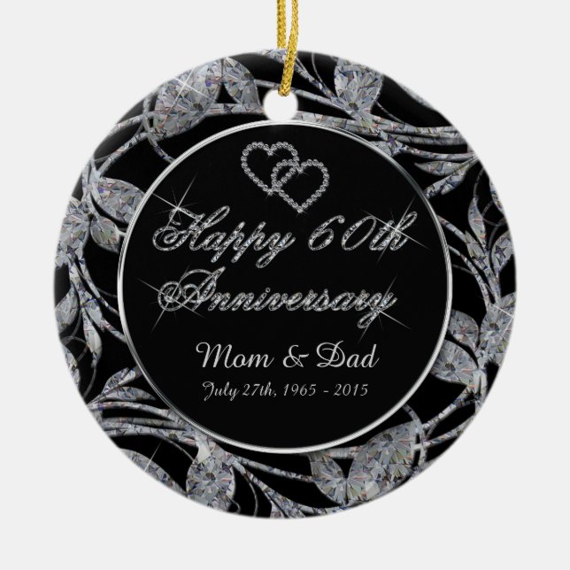 Happy 60th Anniversary Diamond Leaves DBL Sided Ceramic Tree Decoration (Front)