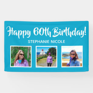 Happy 60th Birthday Aqua Blue Personalised Photos Banner