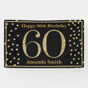 Happy 60th Birthday Banner Black and Gold Glitter