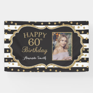 Happy 60th Birthday Banner. Gold Glitter Photo Banner