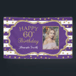 Happy 60th Birthday Banner Purple Gold Photo<br><div class="desc">Happy 60th Birthday Banner for women or man. Purple and Gold Birthday Party Banner. Gold Glitter Confetti. Black and White Stripes. Printable Digital. For further customisation,  please click the "Customise it" button and use our design tool to modify this template.</div>