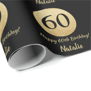 Happy 60th Birthday Black and Gold Glitter Wrapping Paper
