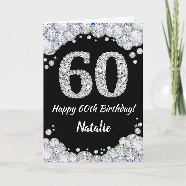Happy 60th Birthday Black and Silver Glitter Card (Front)