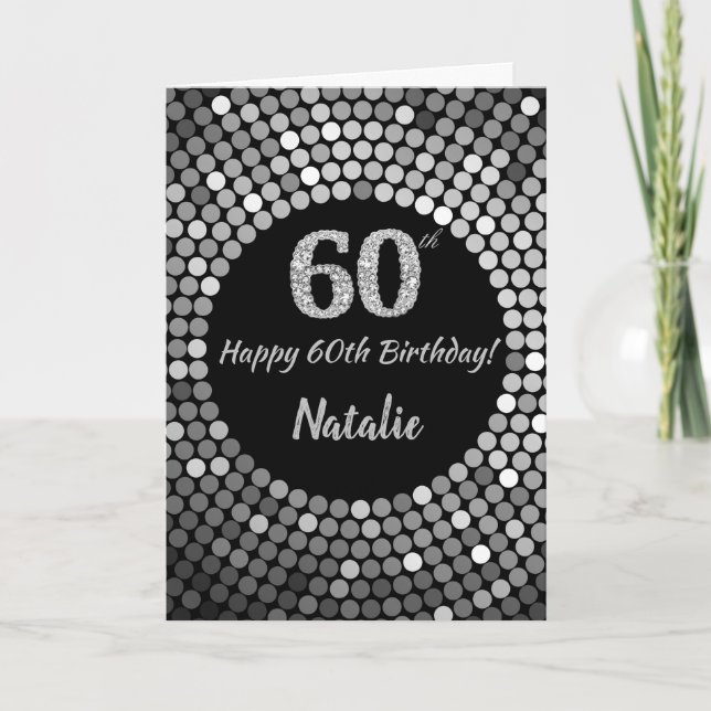 Happy 60th Birthday Black and Silver Glitter Card (Front)