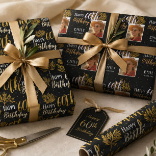 Happy 60th Birthday Black Gold Foliage Photo  Wrapping Paper Sheet