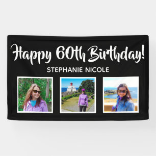 Happy 60th Birthday Black Personalised 3 Photos Banner