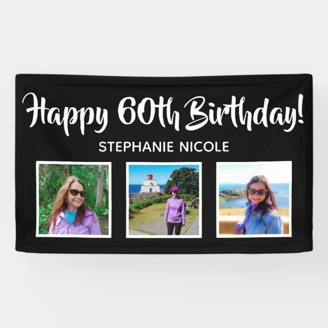 Happy 60th Birthday Black Personalised 3 Photos Banner (Horizontal)