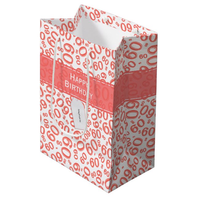 Happy 60th Birthday Coral Random Number Pattern Medium Gift Bag (Front Angled)