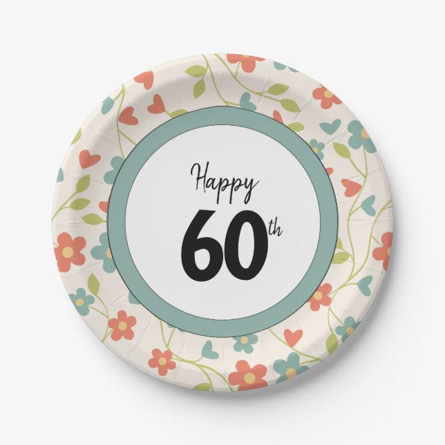 Happy 60th Birthday Floral Patterned Paper Plates (Front)