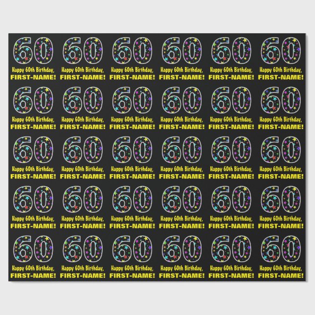 Happy 60th Birthday, Fun Colourful Stars Pattern 6 Wrapping Paper (Flat)