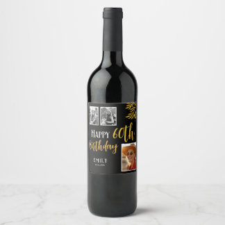 Happy 60th Birthday Gold Foliage 3 Photo  Wine Label