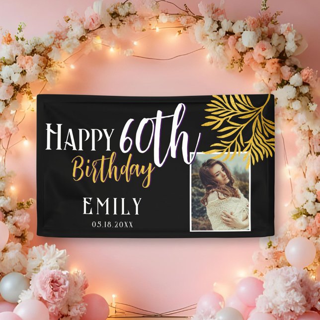 Happy 60th Birthday Gold Foliage Photo Backdrop Banner (Creator Uploaded)