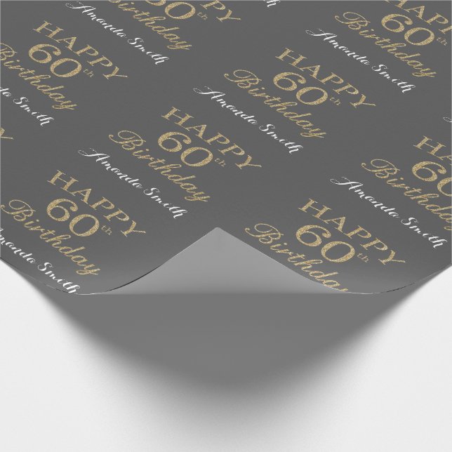 Happy 60th Birthday Gold Glitter and Grey Wrapping Paper (Corner)