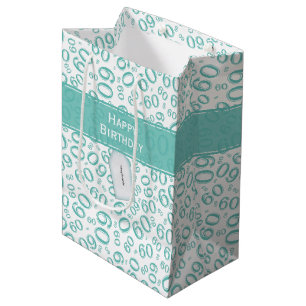 Happy 60th Birthday Number Pattern Teal/White Medium Gift Bag