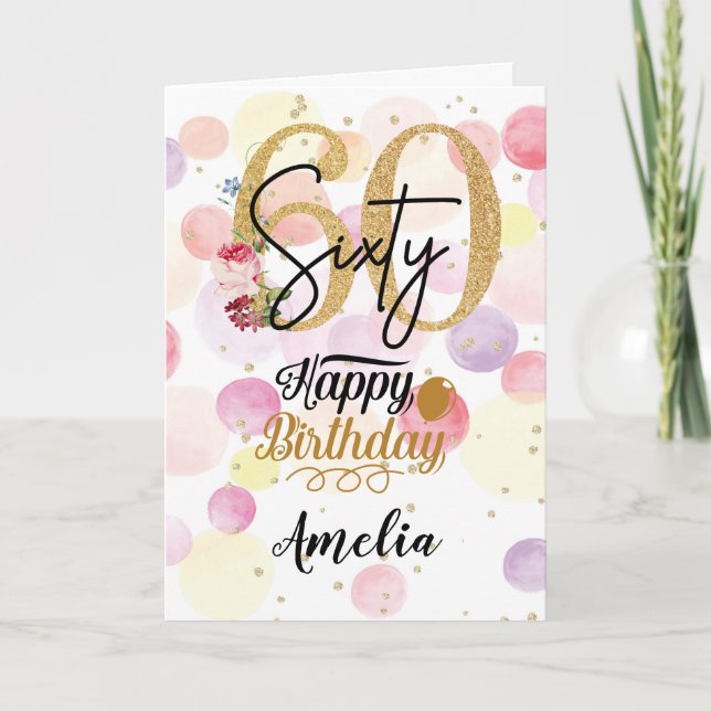 Happy 60th Birthday Pastel Rainbow Gold Woman Card (Front)