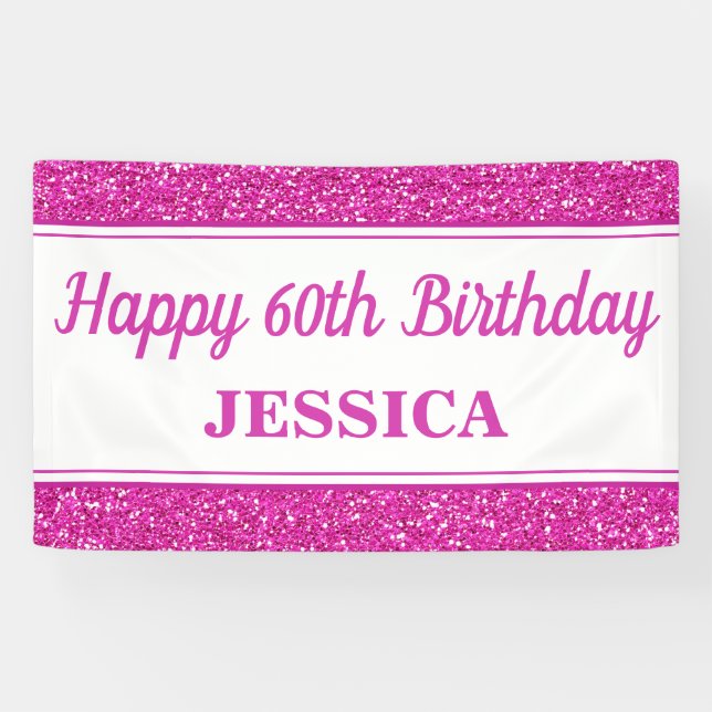 Happy 60th Birthday Pink Glitter Banner (Horizontal)