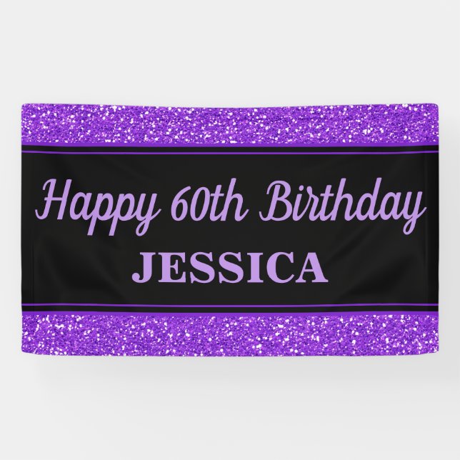 Happy 60th Birthday Purple Glitter Black Banner (Horizontal)