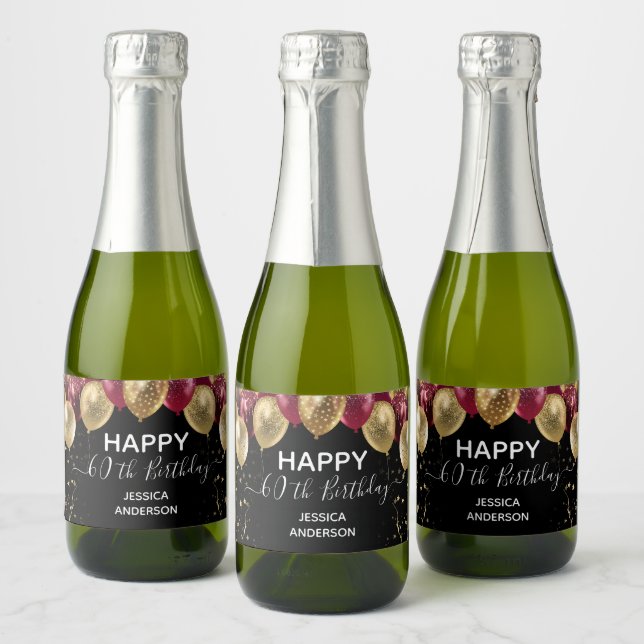Happy 60th Birthday red and gold Sparkling Wine La Label (Bottles)