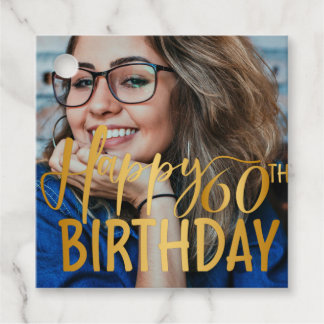 Happy 60th Birthday Script Personalised Photo Favour Tags
