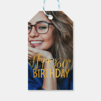Happy 60th Birthday Script Personalised Photo Gift Tags