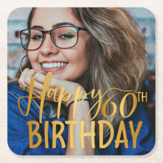 Happy 60th Birthday Script Personalised Photo Square Paper Coaster
