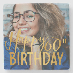 Happy 60th Birthday Script Personalised Photo Stone Coaster