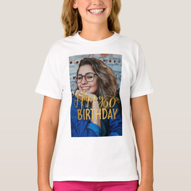 Happy 60th Birthday Script Personalised Photo T-Shirt (Front)