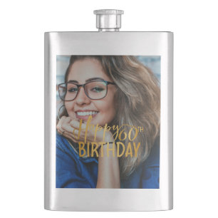 Happy 60th Birthday Script Personalized Photo Hip Flask